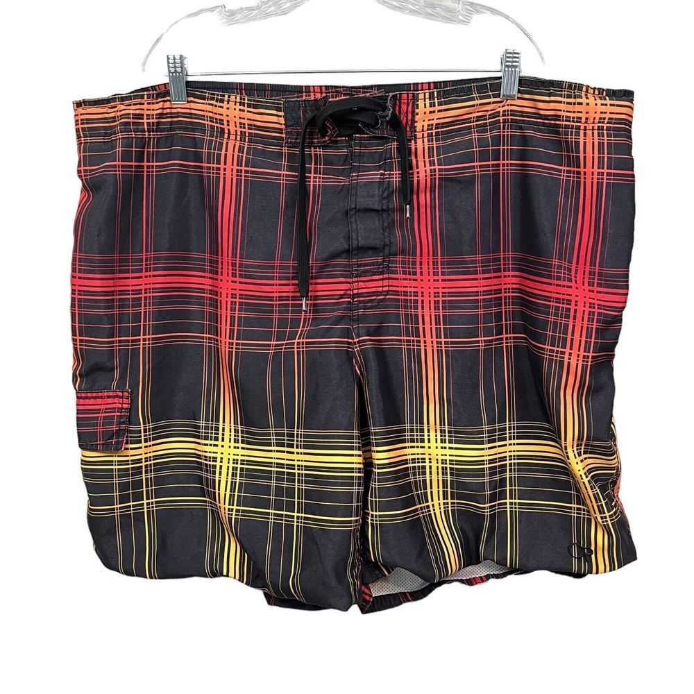 OP Ocean Pacific Men Board ShortsTrunks Mesh Lined Plaid Black Orange 2XL 44-46*